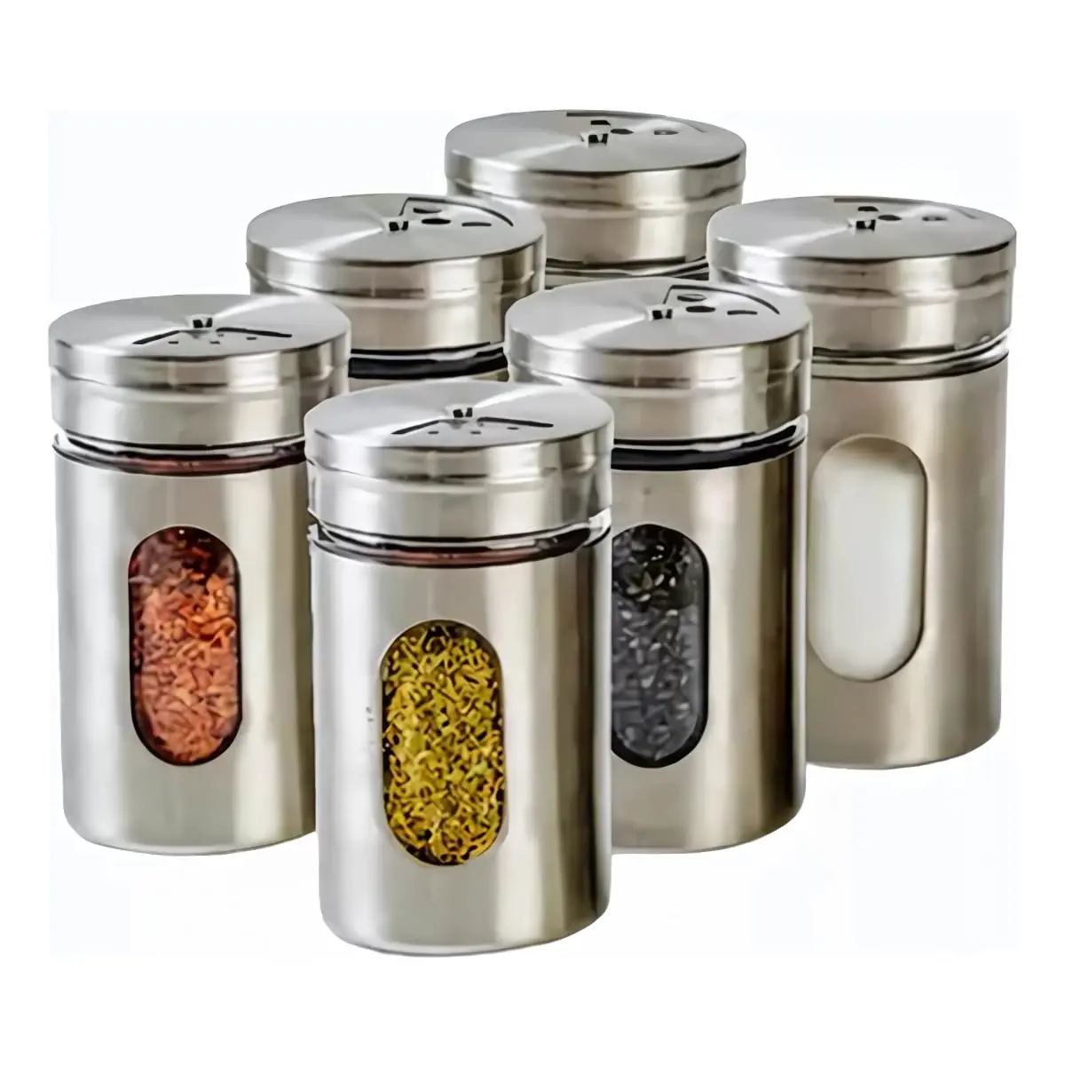 Kit 6 Porta de Temperos Saleiro Pimenteiro Inox e Vidro Conjunto Premium Aço Inoxidável com Visor Tampa Giratória 3 níveis para Condimentos de Cozinha - 1
