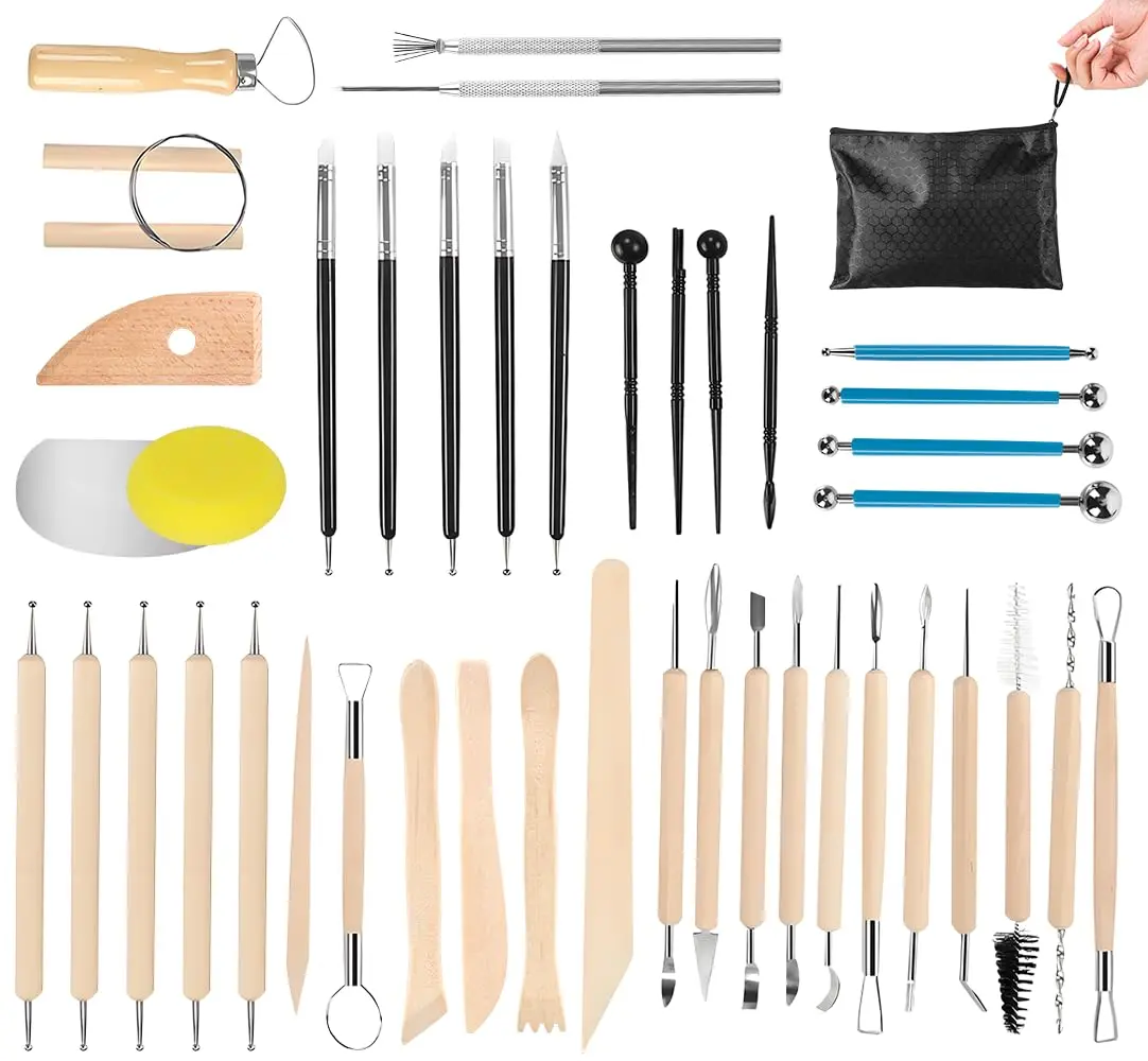 Conjunto de 43 Ferramentas de Escultura de Argila com Bolsa, Kit Profissional Ferramentas Cerâmica Fria, Kit Ceramica Fria Iniciante