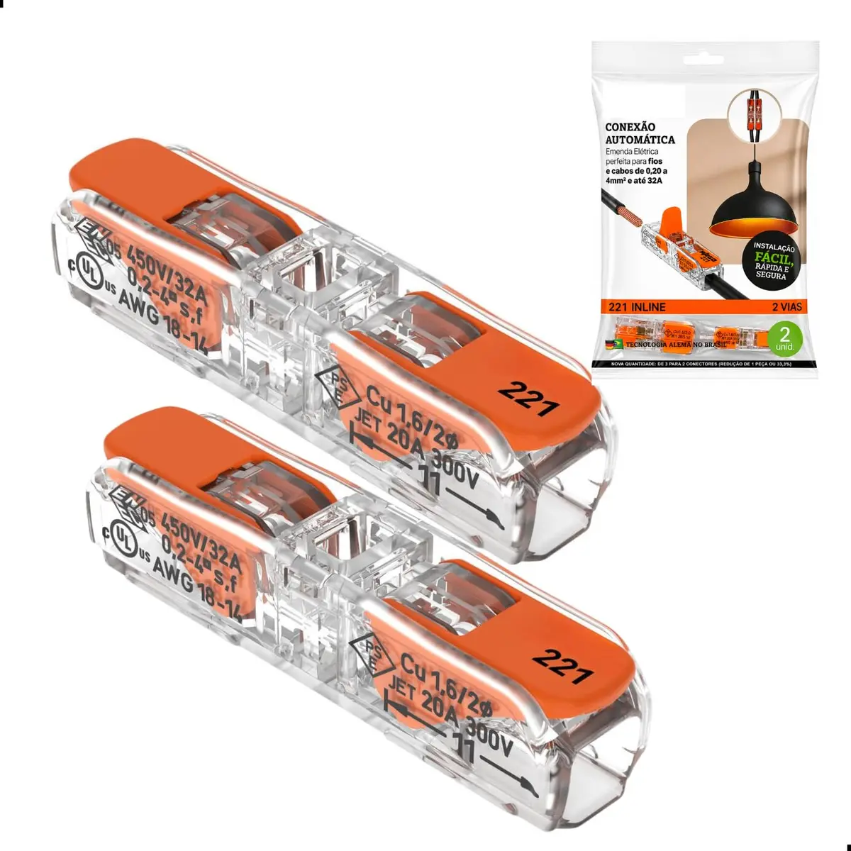 Kit 2 Conectores 221-2411 2 Vias 32A 450V Em Linha CAGE CLAMP - 1