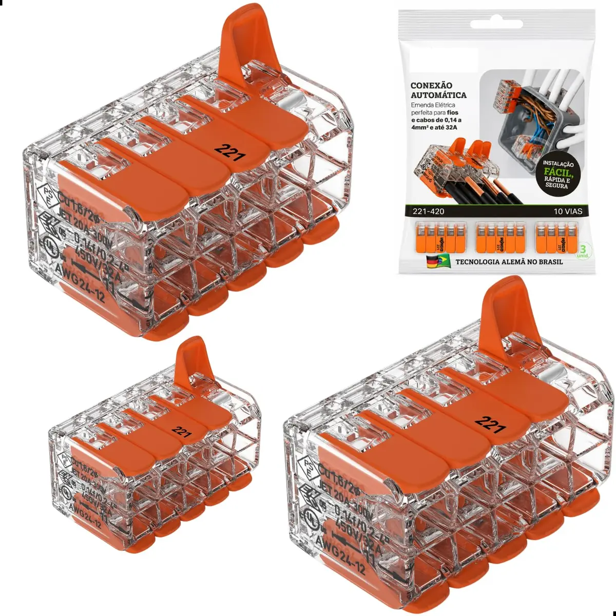 Kit 3 Conectores 221-420 32A 450V 10 Vias CAGE CLAMP