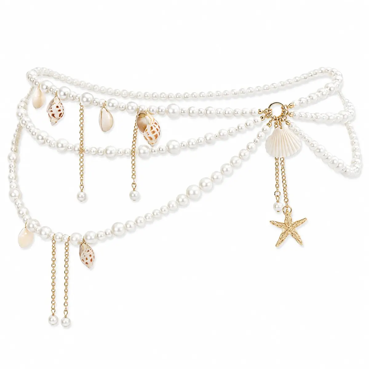 Cinto Perolado com Conchas e Estrela-do-Mar, Dourado e Branco, Ajustável, Feminino, Estilo Boho, para Praia, Festival e Carnaval