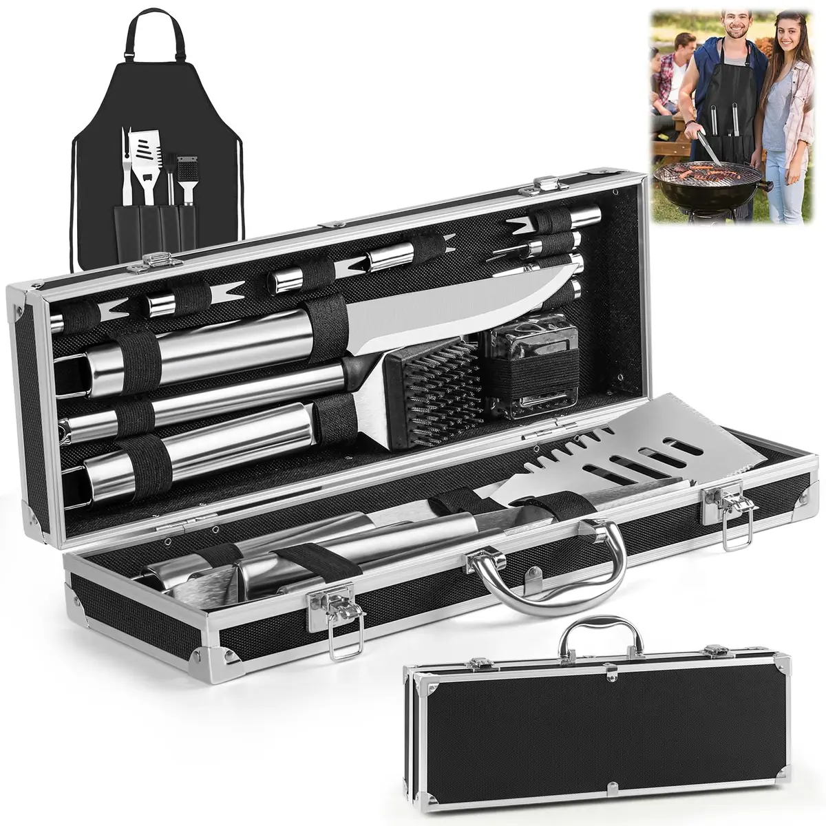 Gavzrt Kit Churrasco, Kit Churrasco 21 Peças, Kit Churrasco Inox, Conjunto Completo de Ferramentas de Churrasco Doméstico, Faca de Churrasco, Kit Churrasco Com Maleta de Alumínio Presente