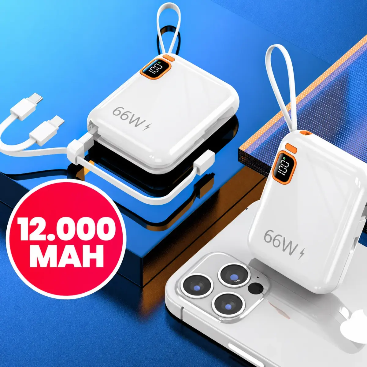 Power Bank 12000mAh Compacto Carregador Rápido Com Cabo Integrado Duplo Recarga Super Rápida Para Viagens e Dia a Dia