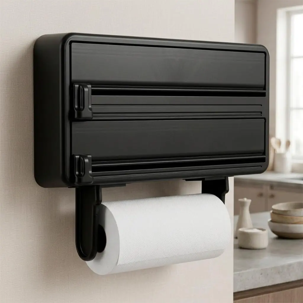 Porta Papel Filme Alumínio 3 em 1 com Cortador e Suporte Papel Toalha(1) | Suporte 3 em 1 para papel toalha, filme PVC e alumínio, com cortador integrado e instalação na parede.