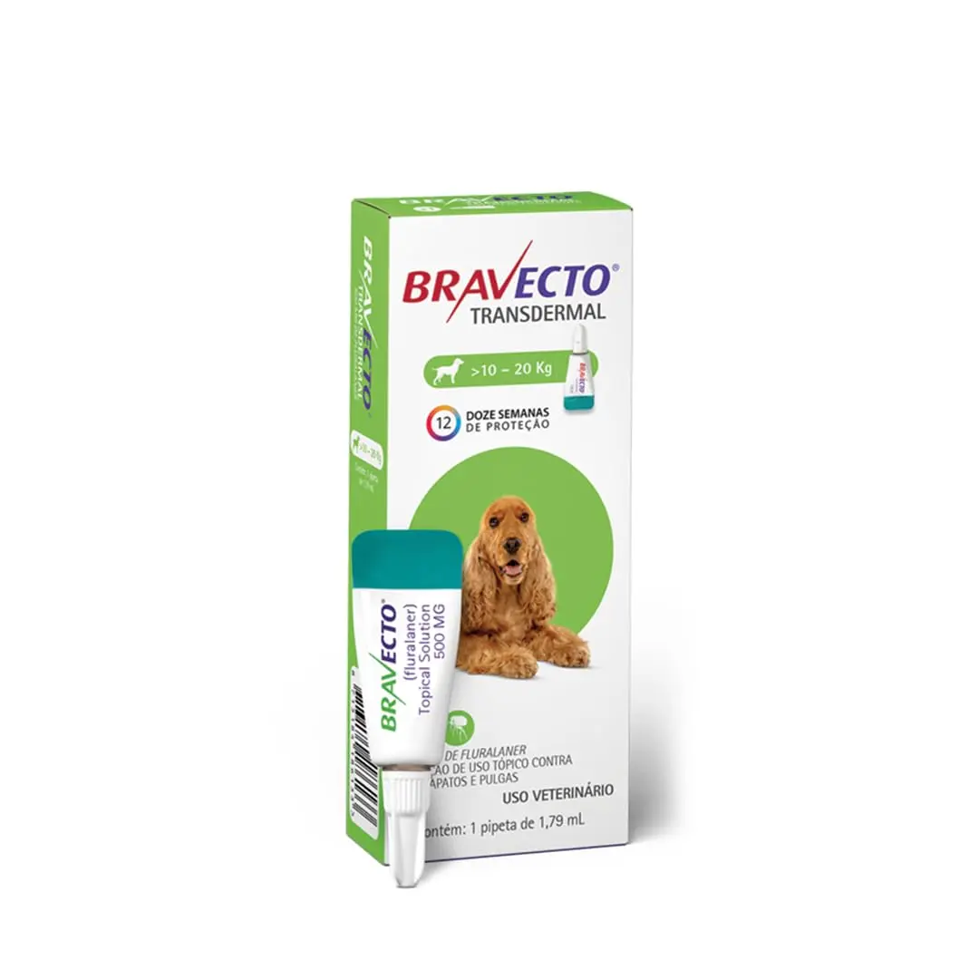 Bravecto® Cães Transdermal 500mg - Antipulgas e Carrapatos - Cães de 10 a 20kg - 1 Pipeta 1,79ml - MSD Saúde Animal