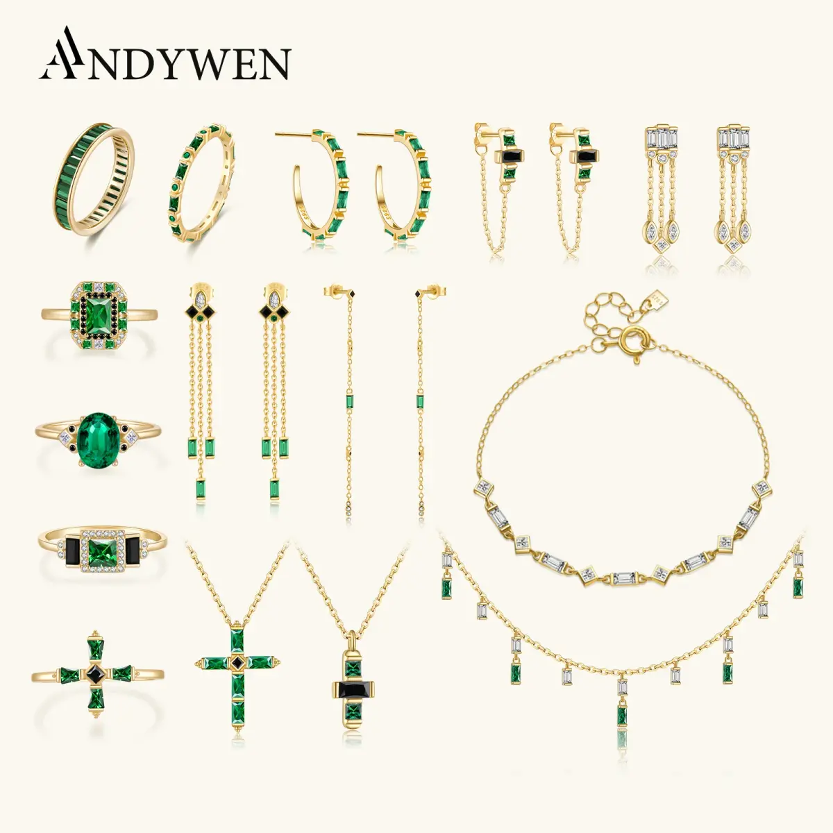 Andywen 925 prata esterlina ouro verde preto corrente brinco cruz colar anel conjunto de jóias anillo fino sabrina zircão jóias - 1