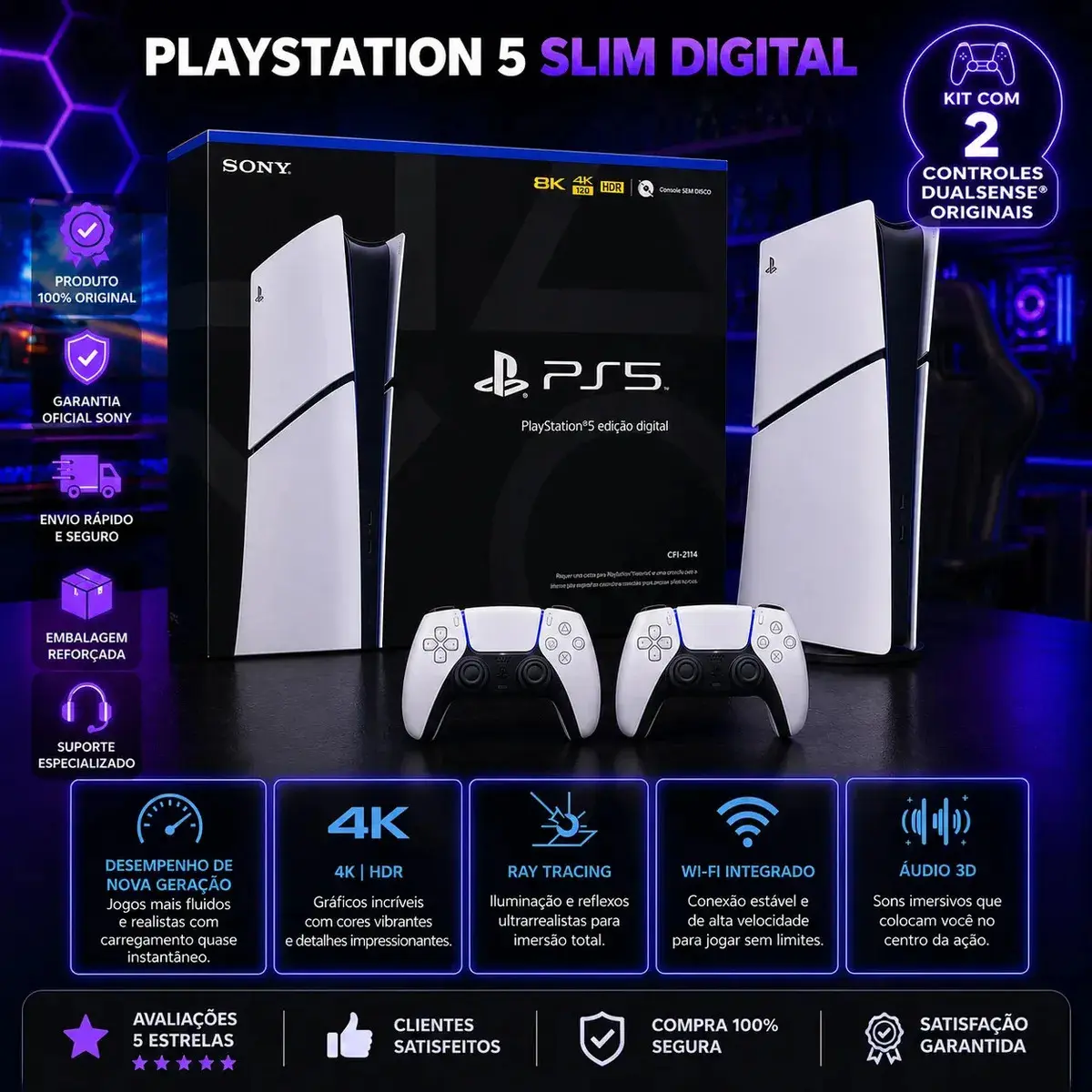 Playstation 5 Slim Digital 825gb Branco Novo Cfi-2114 2 Controles Dualsense Originais Sony Ps5 Lacrado Console Completo Ssd Ultra Rápido 4k Ray Tracing Wifi Bluetooth - 1