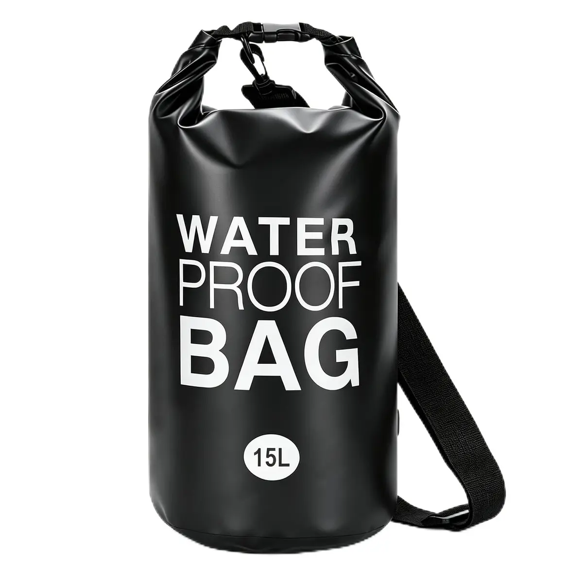 Bolsa Impermeável 15L com Alça Ajustável, PVC à Prova d'Água para Ciclismo, Esportes ao Ar Livre, Acampamento, Natação e Mergulho, Preta