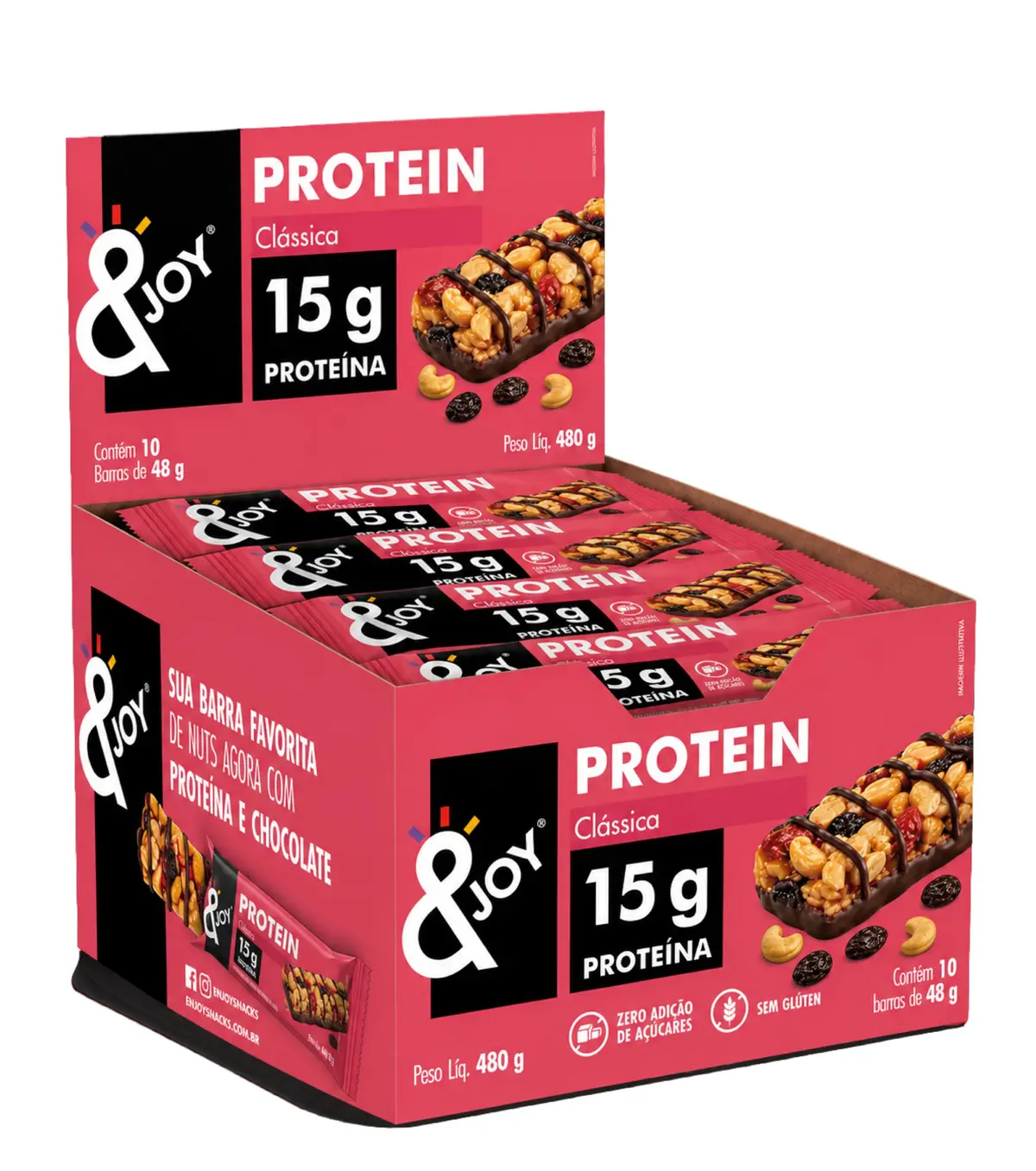 &Joy - Barra de Proteína de Nuts Clássica e Chocolate 48g - 15g de Proteína - Caixa com 10 Unidades 480g - Zero Adição de Açúcares - Sem Glúten