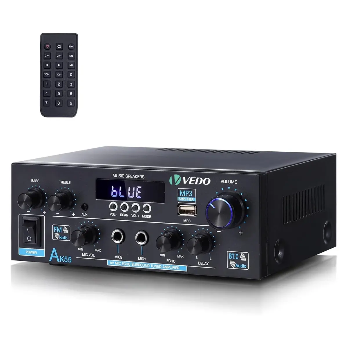 Amplificador de áudio estéreo AK55, sistema de potência Bluetooth 5.0 sem fio de 2 canais de 300 W*2 para uso doméstico, rádio FM USB cartão SD controle remoto