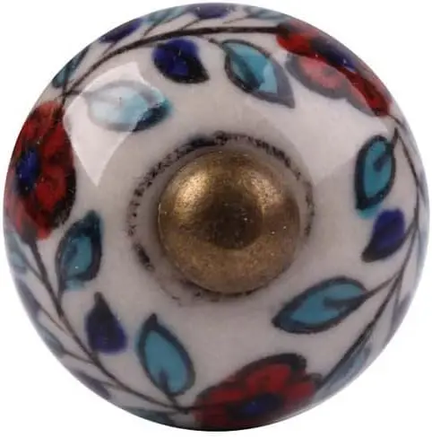 Puxador de Cerâmica Redondo Floral Vermelho e Azul para Gaveta, Cômoda, Armário e Porta – Decorativo e Fácil de Instalar - 1