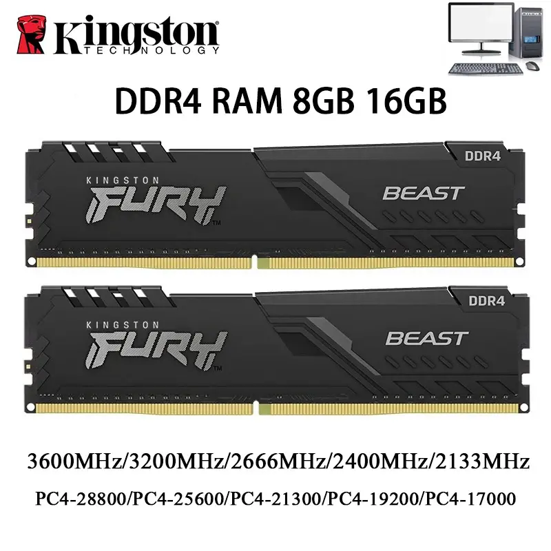 Kingston BEAST Memoria DDR4 Desktop RAM 32GB 16GB 8GB 3600 3200 2666 2400 MHz Memória 288Pin DDR4 DIMM 1.2V PC4-21300 25600 28800