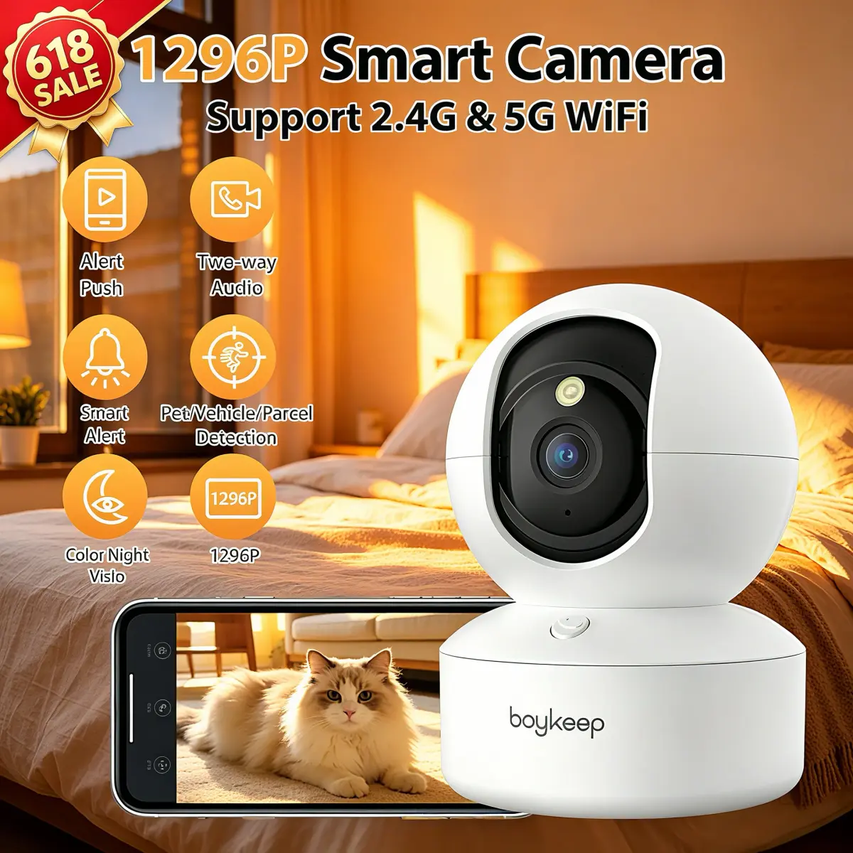BoyKeep Câmera Inteligente 2K Proteção de Segurança Wifi Vigilância 5G/2.4GHz Interior Bebê Visão Noturna 360 ° Áudio de 2 vias Pan & Tilt K30