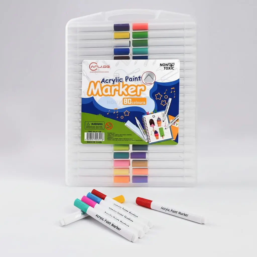 Kit 80 Cores Marcadores Acrílicos com Estojo – Caneta 3.5mm Ponta de Nylon, Corpo Triangular, Não Mancha Papel, Para Papel/Vidro/Pedra/Tecido
