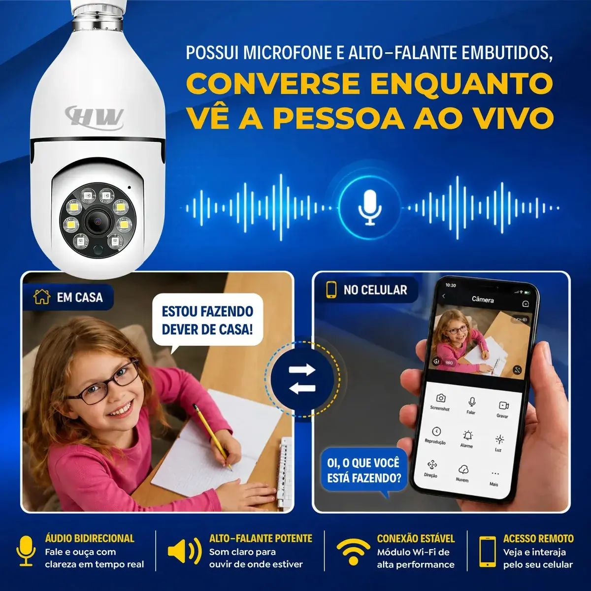 Câmera de Segurança IP Wi-Fi Lâmpada E27 HW 360° Full HD com Visão Noturna e Áudio - HW thumbnail 3