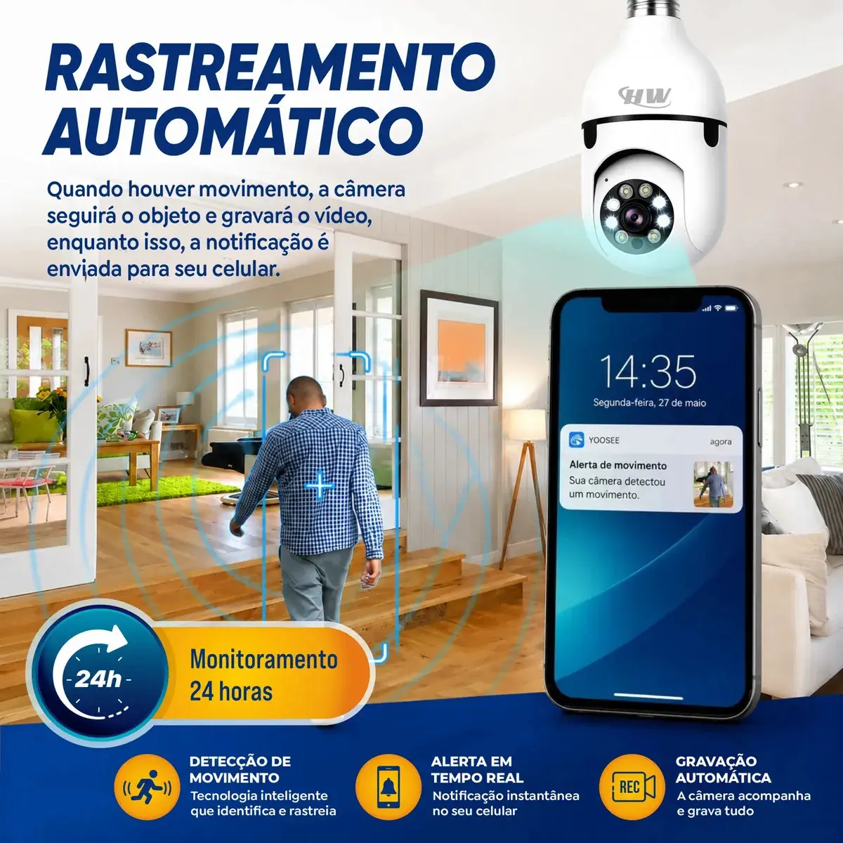 Câmera de Segurança IP Wi-Fi Lâmpada E27 HW 360° Full HD com Visão Noturna e Áudio - HW thumbnail 4