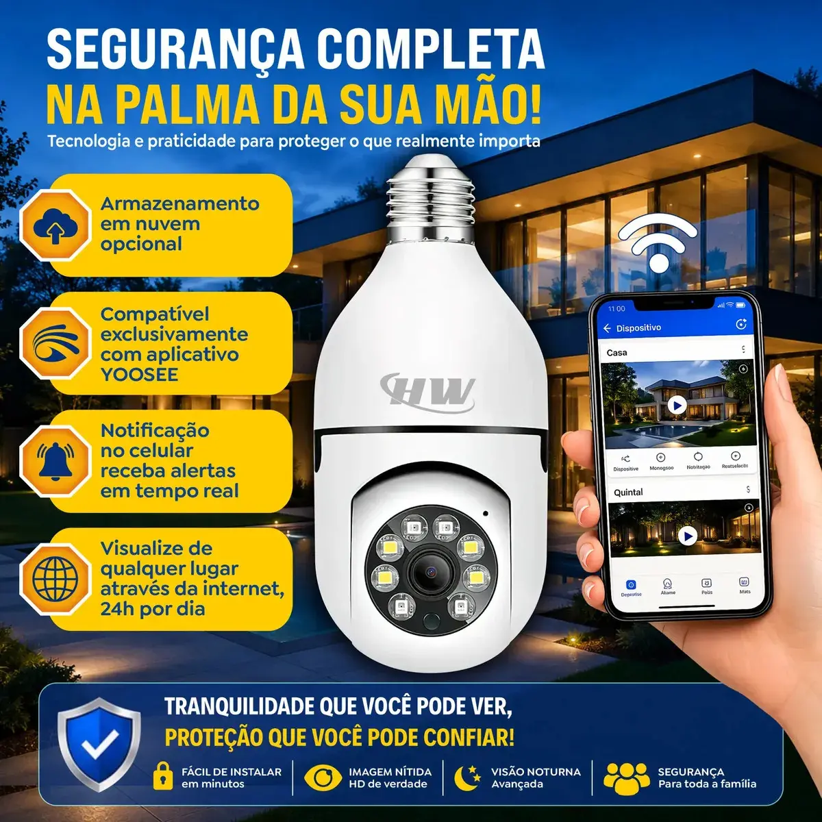 Câmera de Segurança IP Wi-Fi Lâmpada E27 HW 360° Full HD com Visão Noturna e Áudio - HW thumbnail 5
