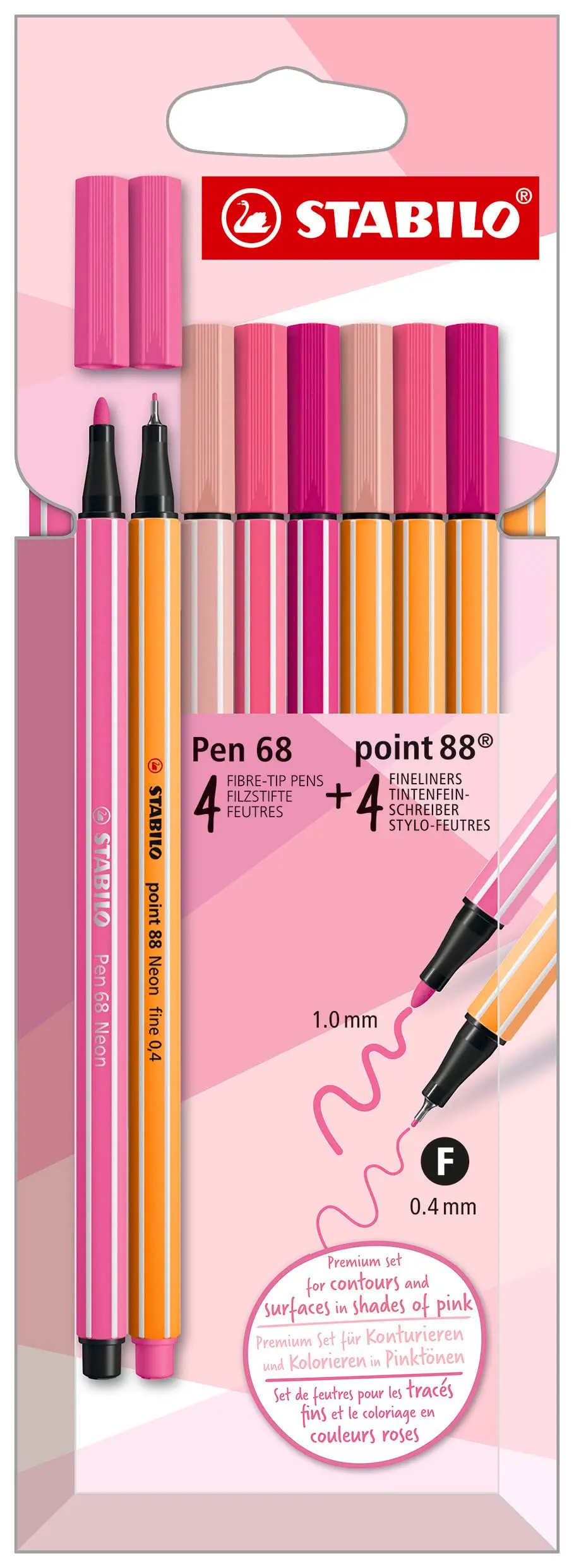 STABILO PINK Estojo - Tons de Rosa, Point 88 + Pen 68, Estojo com 8 unidades (4 point 88 + 4 point 68)
