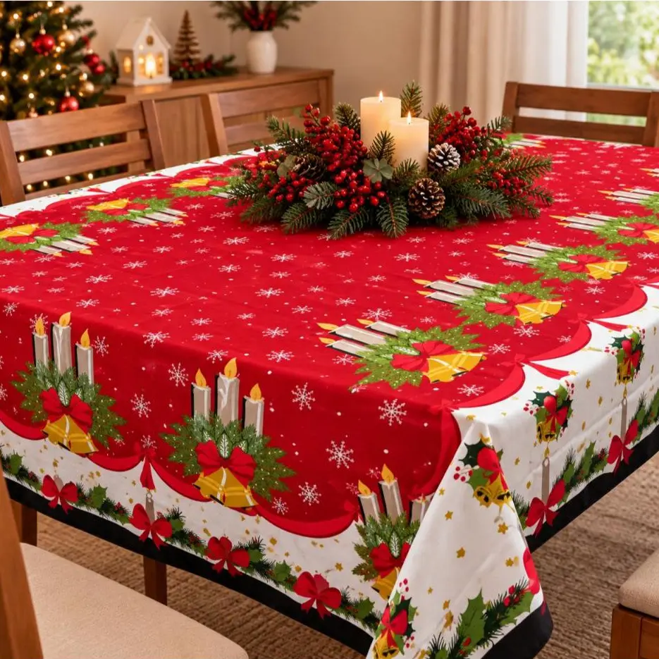 Toalha de Mesa Oxford Festiva Natalina Natal Papai Noel para 4 e 6 Lugares