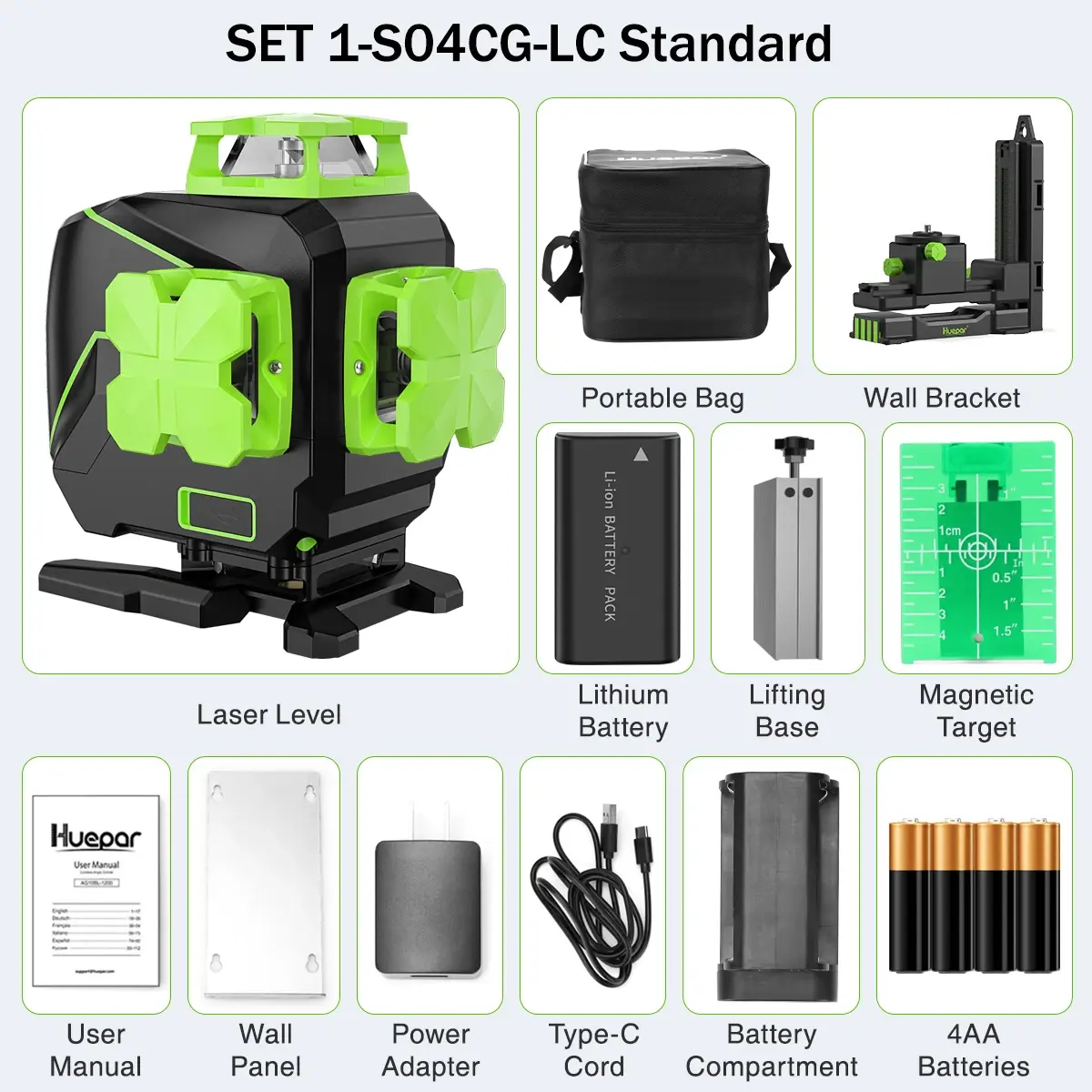 Nível a laser 4D Huepar S04CG-LC, 16 linhas, 4x360 ° Nivelador Autonivelante com Feixe Verde e Linhas Cruzadas, Recarregável Tipo-C para Construção
