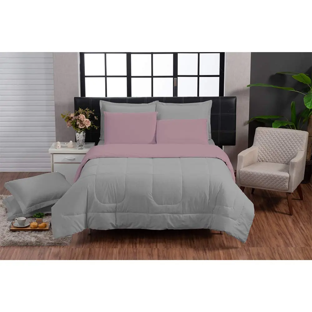 Kit Edredom Italiano 200 Fios 100% Algodão 6 Peças Cinza E Rosa - Casa Dona