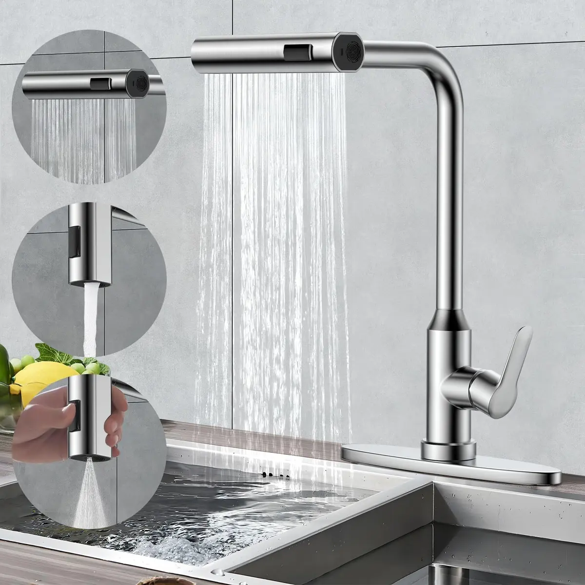LucZeng Torneira de cozinha em cascata com pulverizador de puxar para baixo, Torneira de cozinha escovada com pulverizador de 3 modos, torneira de pia de cozinha giratória de aço inoxidável 360°