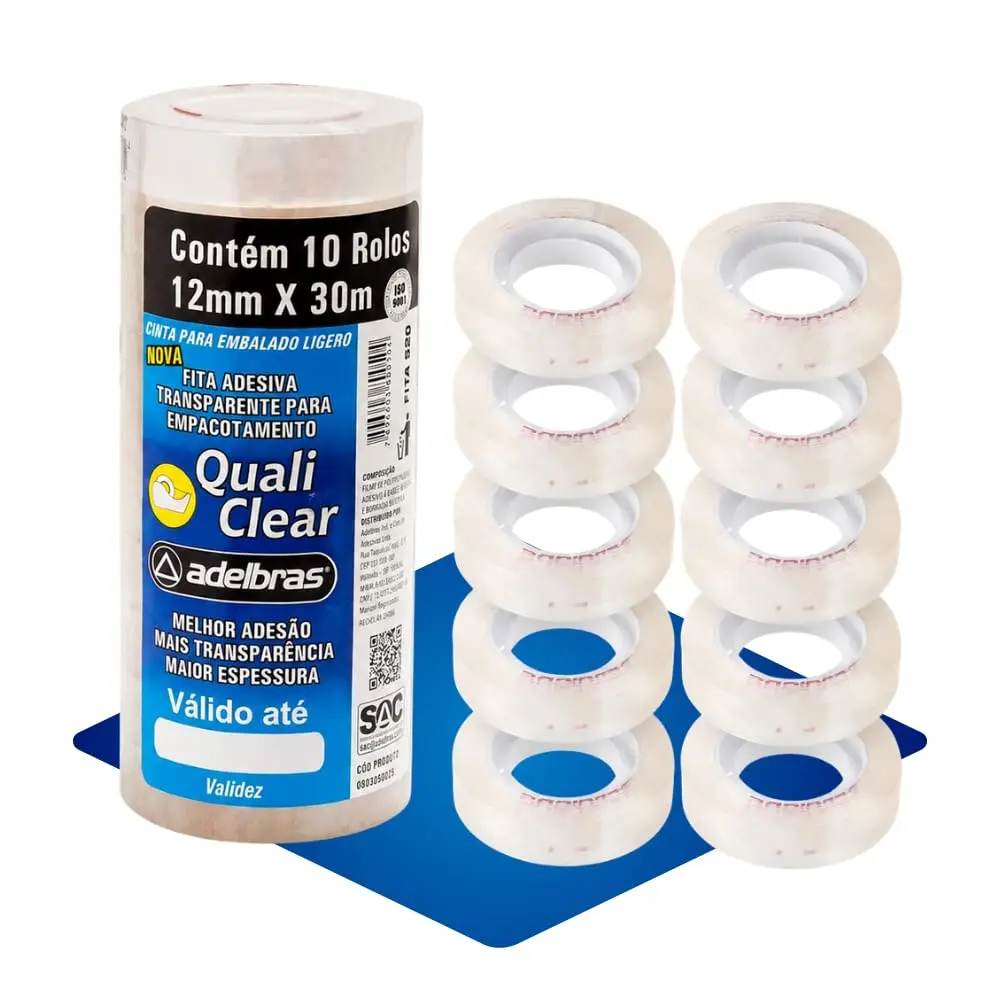 Kit 10 Fitas Adesivas 12mm x 30m Transparentes 300 Metros 1 Tubos 10 Rolos | Fita Colante Refil Durex Escolar Escritório Papelaria - 1