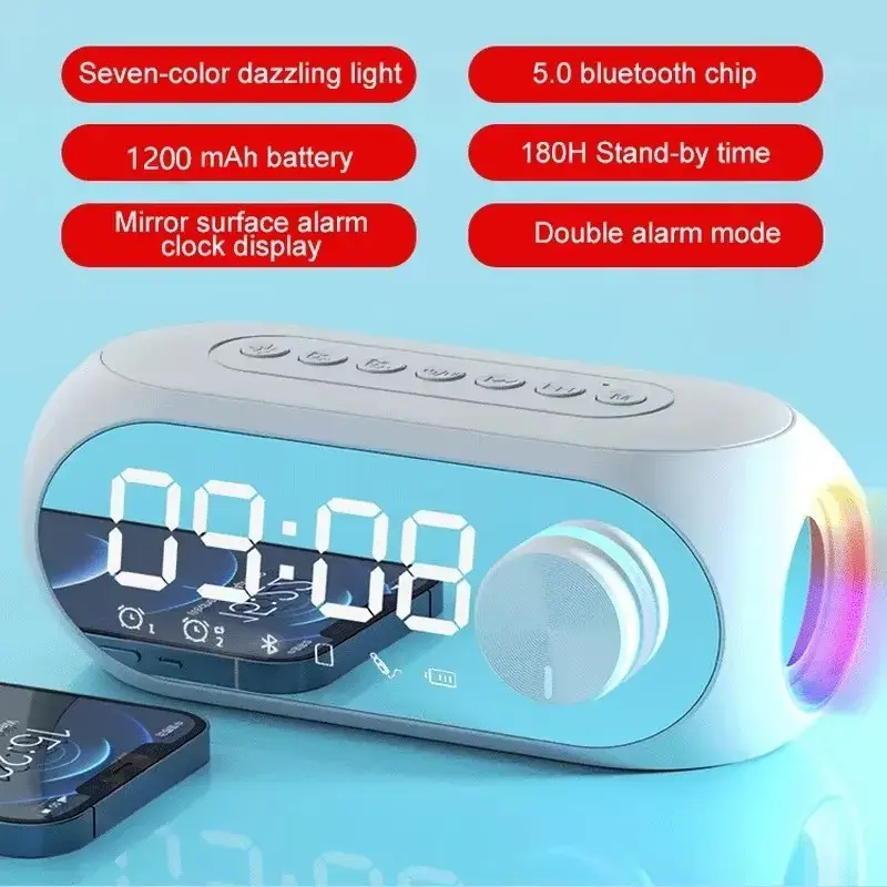 Caixa de Som Bluetooth Portátil Sem Fio com Rádio FM, Despertador, Subwoofer, Mini Woofers e Coluna de Luz