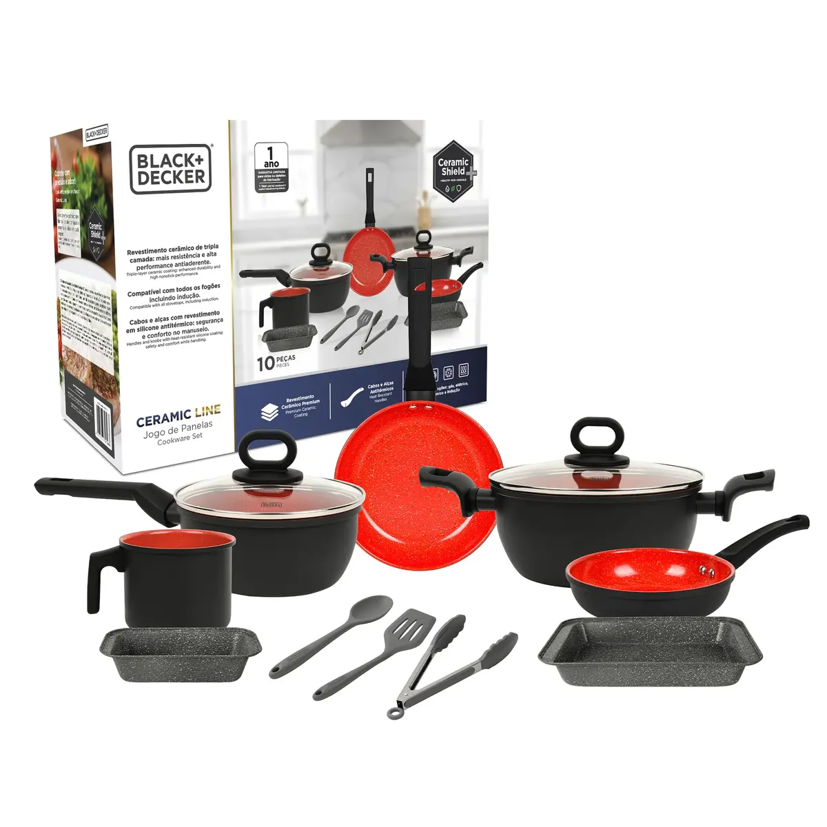 BLACK+DECKER JOGO DE PANELAS 10 PEÇAS CERAMIC LINE - CORPO COM REVESTIMENTO CERÂMICO ANTIADERENTE, ACABAMENTO INTERNO VERMELHO MARMORIZADO, EXTERIOR COM ACABAMENTO PRETO, BASE COMPATÍVEL COM INDUÇÃO - 1