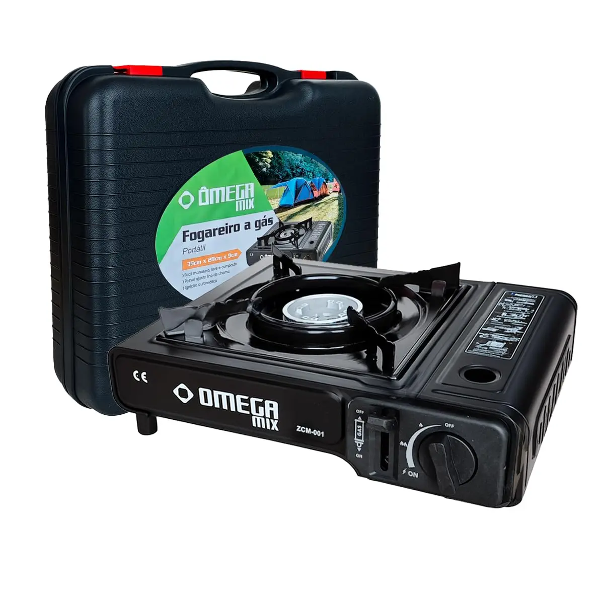 Fogareiro a Gás Portátil Automático Preto Ômega | Multiuso para Acampamento e Pesca, Economia de Gás