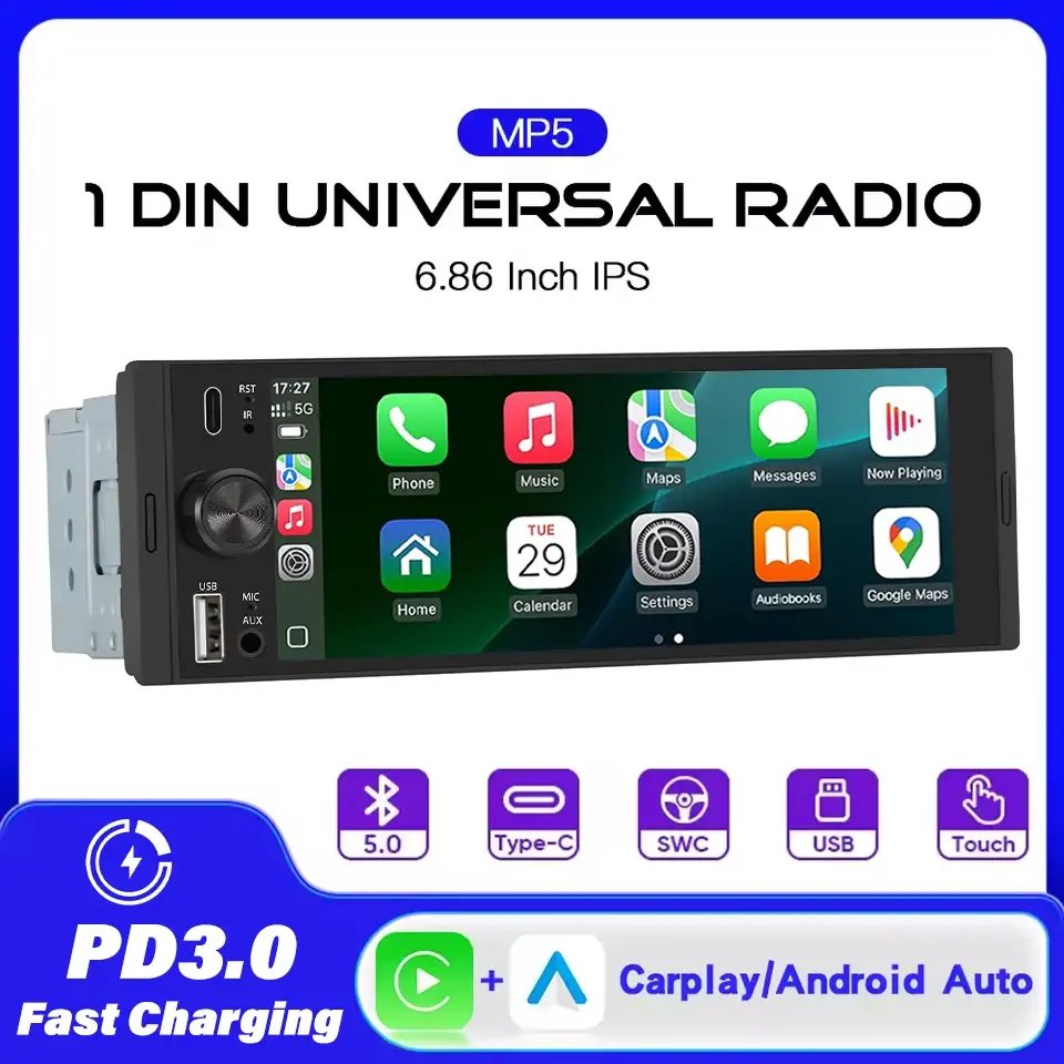 Rádio de Carro Universal 1DIN de 6.86 Polegadas com Suporte para Carplay Sem Fio, Android AUTO, AUX, USB, BT, Tela Sensível ao Toque, Reprodutor de Vídeo Multimídia - 1