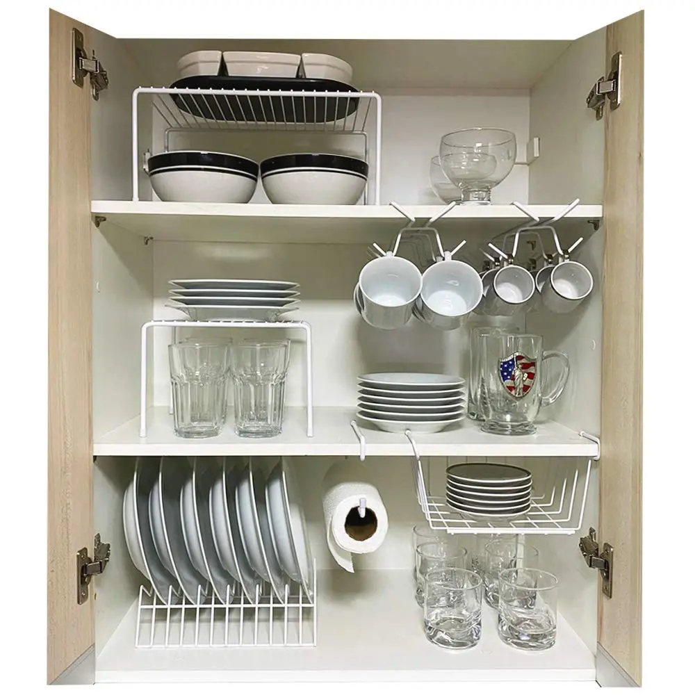 Kit Organizador para Cozinha Armário Prateleira Aramado Armazenamento Xícaras Porta Pratos Cesto 7 Un - Branco