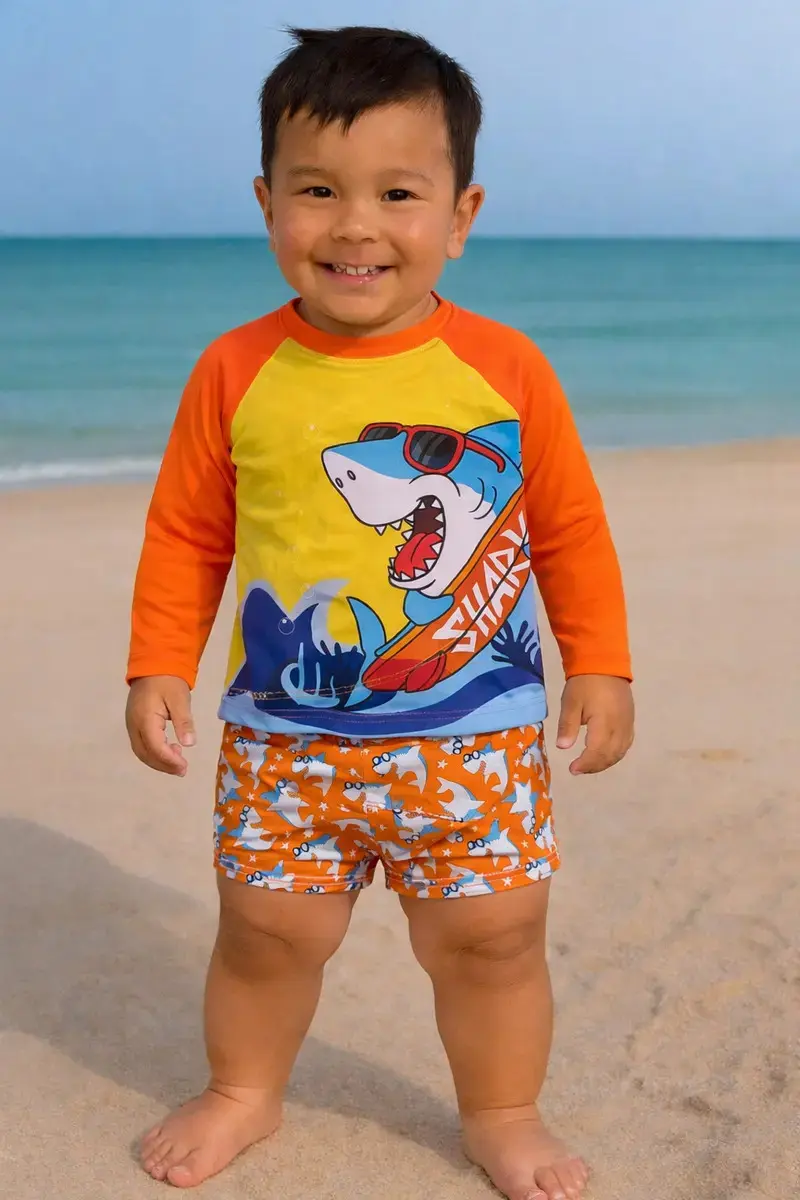 Conjunto Camisa Sunga Proteção Solar Uv 50+ Bebê Infantil Cor Laranja Tamanho 9-12 M