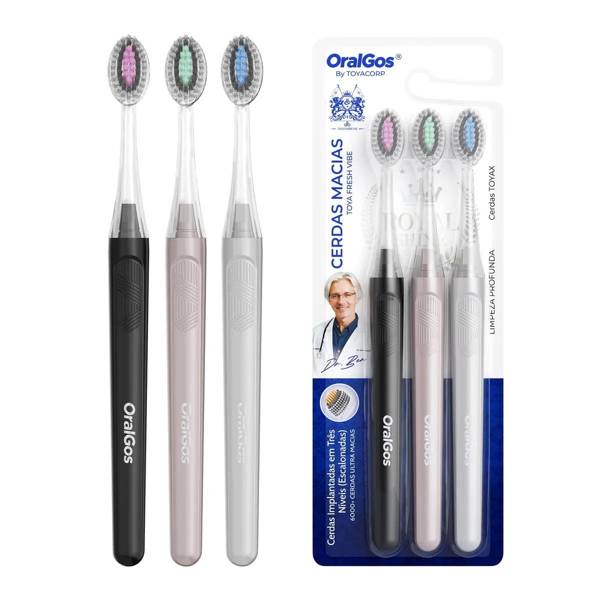 OralGos Escova de Dente Macia 3 Unidades, Cerdas em Três Níveis, Limpeza Profunda da Boca, Cuidado Suave das Gengivas, Sensação de Frescor (Preto+Branco+Ouro rosa) - 1