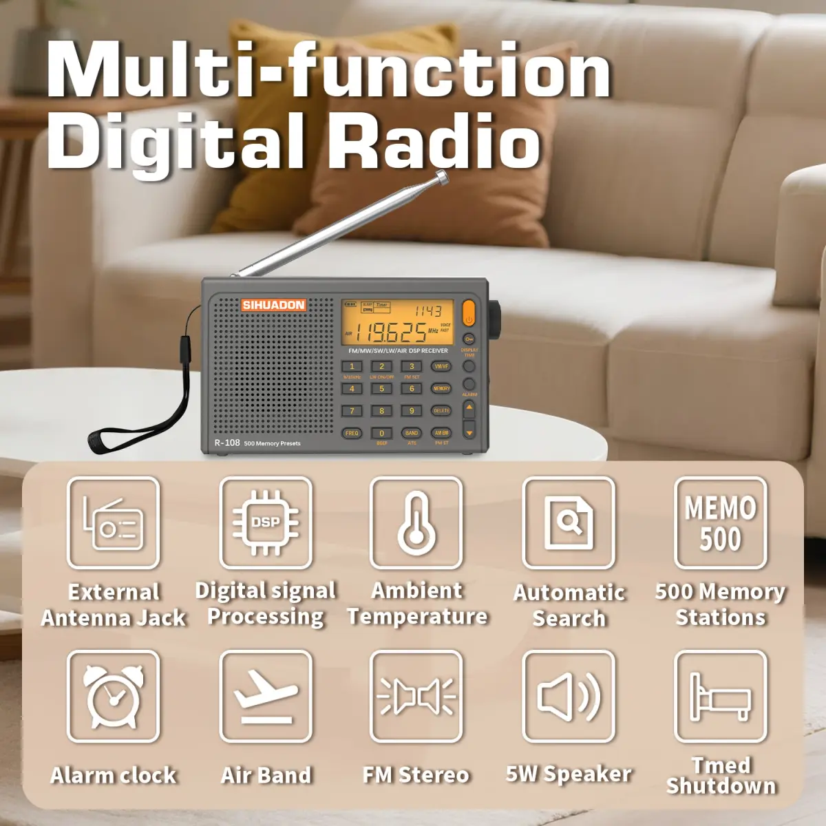 Rádio Digital Portátil SIHUADON R-108 - FM/AM, Ondas Curtas (SW), Média (MW) e Longa (LW), Estéreo, Bateria Recarregável, Compacto - Envio Direto do Brasil - 1