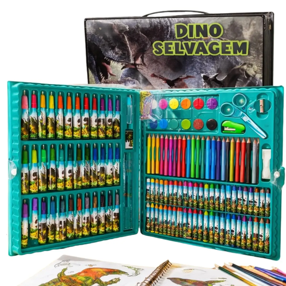 Maleta Pintura Infantil 150 Itens Dinossauro Desenho Presente Criança Dino