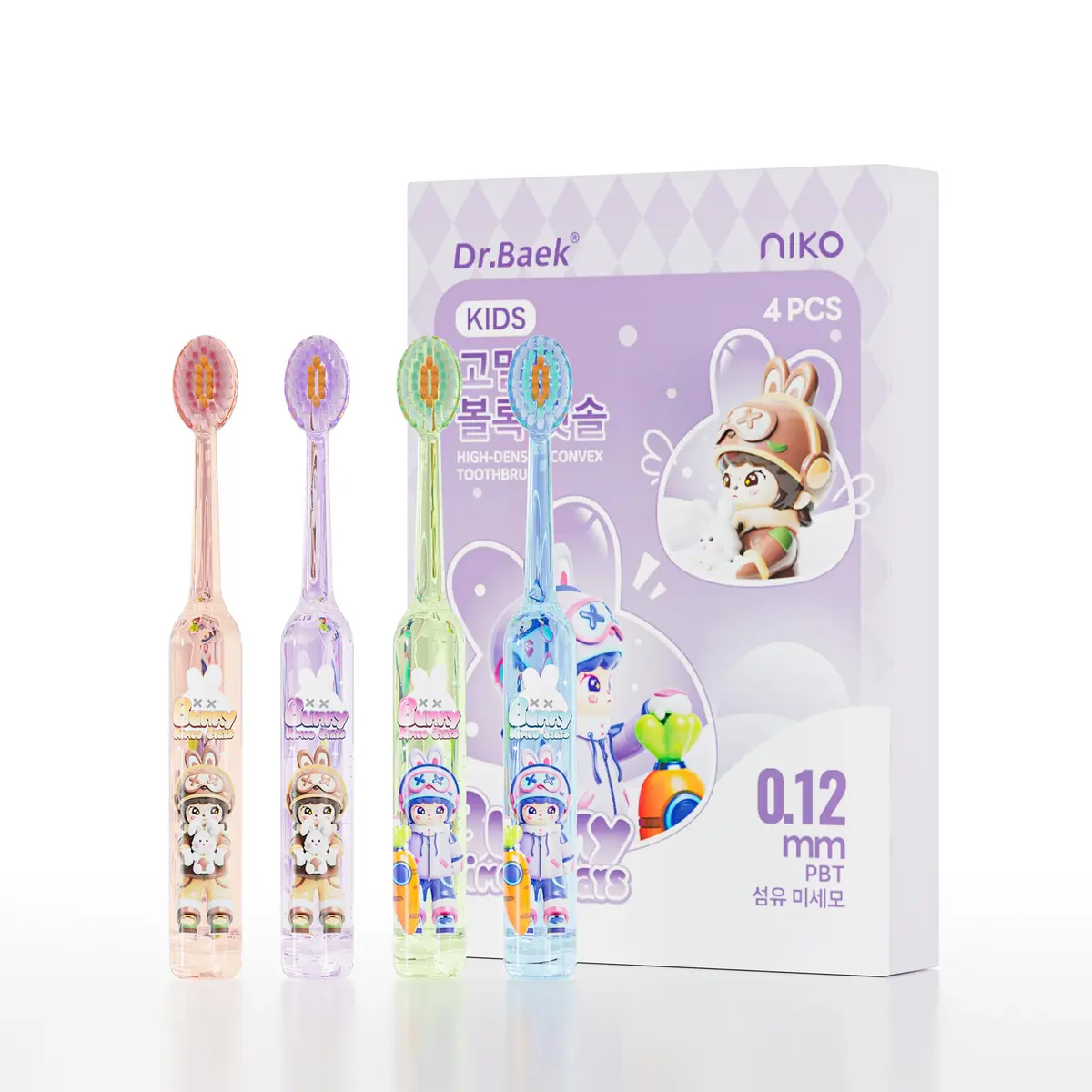 Dr.Baek Escova de Dentes Infantil 4 Unidades | Cerdas Macias PBT de 0,12 mm, Alta Densidade, Cabeça Convexa, Design Divertido