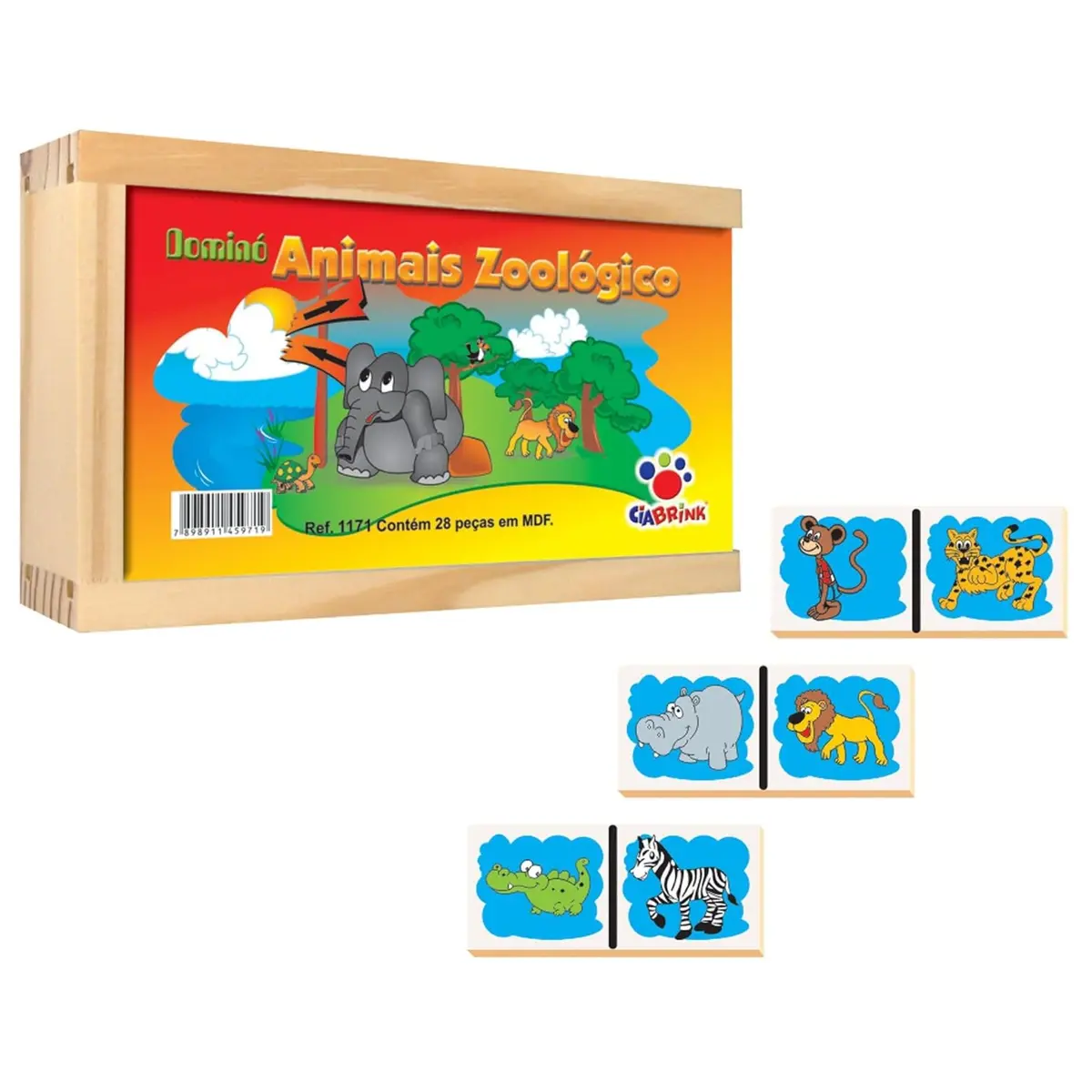 Ciabrink Jogo Dominó 28 Peças em MDF Brinquedo Educativo, Animais Zoológico | Caixa de madeira - 1