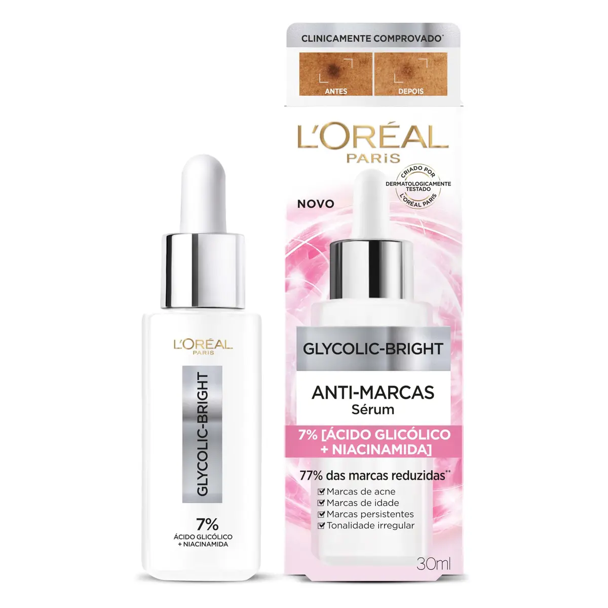 L'Oréal Paris Glycolic Bright Sérum Facial Anti-Manchas, 30 ml | Com ácido Glicólico e Niacinamida, Reduz as manchas na pele, corrige tonalidade e garante uma pele mais uniforme e luminosa. - 1