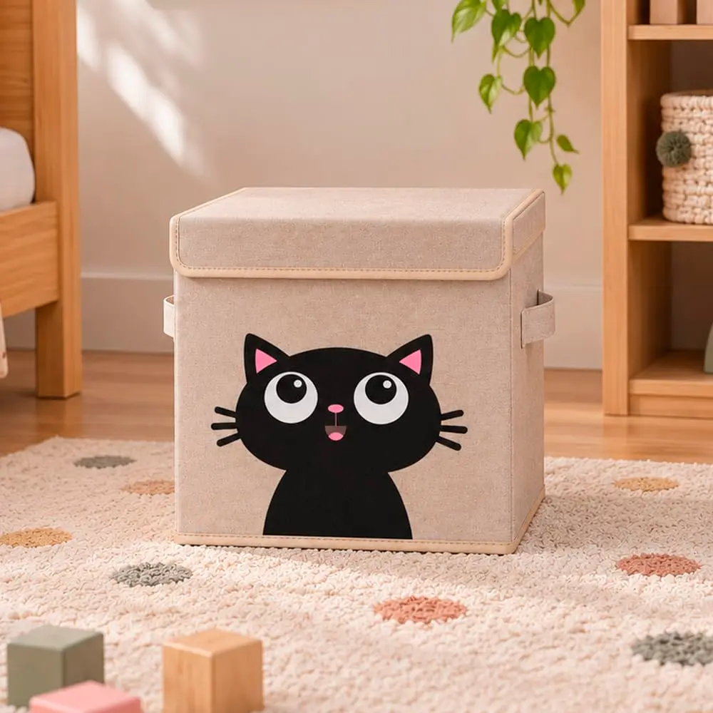 Caixa Organizadora Infantil Brinquedos Linho Tampa Baú Animal Box Oky's (GATA)