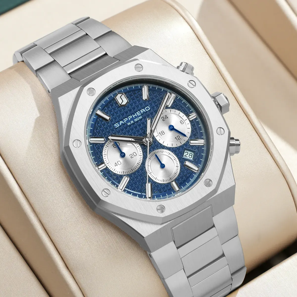 Sapphero relógio masculino à prova dwaterproof água função cronógrafo data brilhante mãos relógio de aço inoxidável relógio de negócios para presente masculino