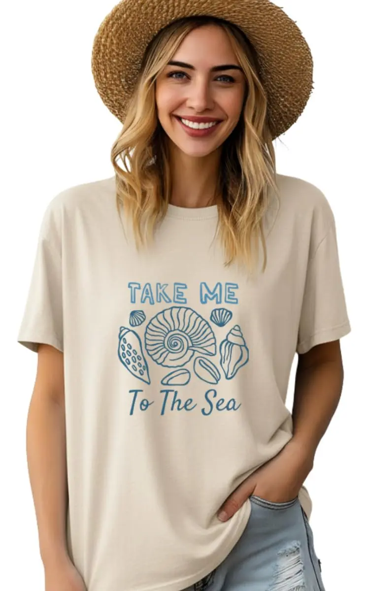 Camiseta Feminina Estampada 100% Algodão, Frase Mar Praia Verão, Casual Confortável - Modelo Take Me To The Sea