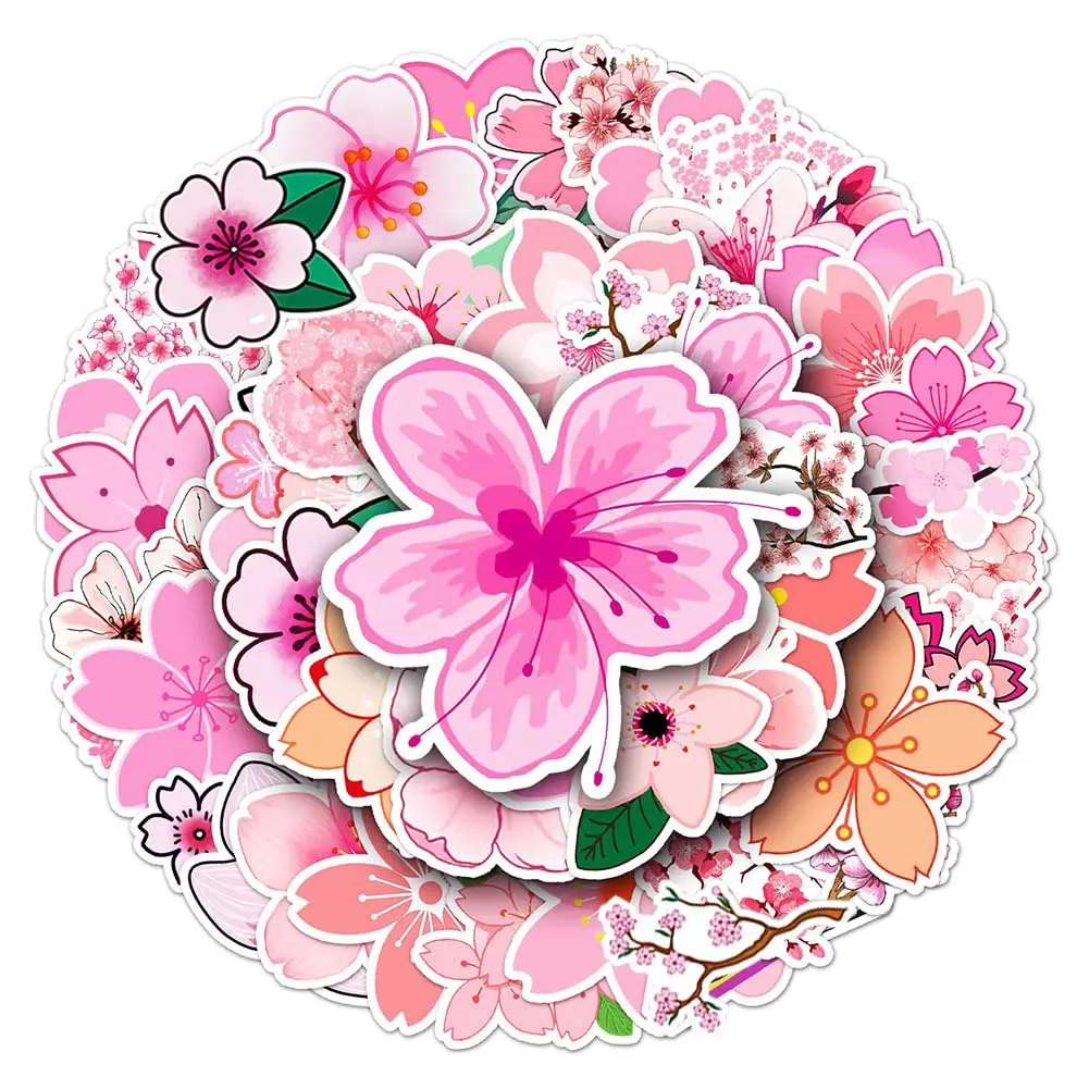 Sakura Stickers | 50 peças de decalques de vinil à prova d'água de cereja oriental para garrafas de água de bicicleta, laptop, bicicleta, geladeira, copo, bagagem, computador, celular, skate, decoração - 1