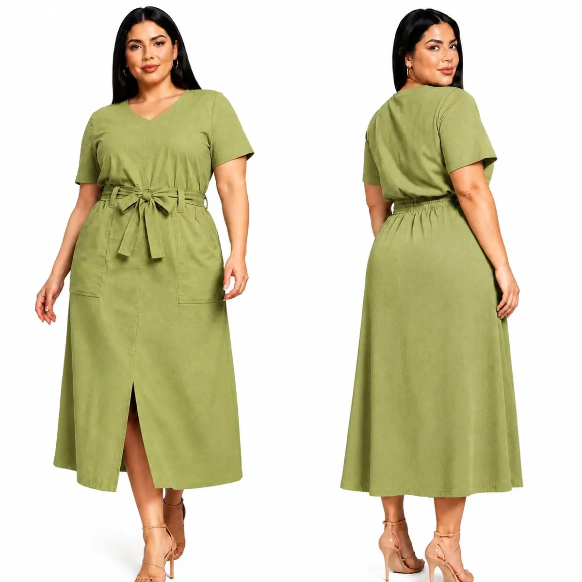 Conjunto Plus Size Feminino Linho Elastano Blusa e Saia Longa | Fenda Frontal, Cinto Faixa Incluso, Cintura Elástica, Tamanhos GG ao G2, Casual e Versátil