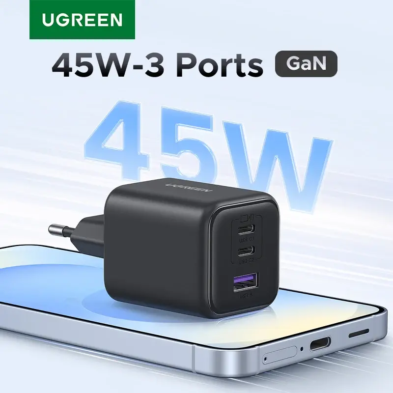 Carregador UGREEN GaN 45W/30W/25W/20W com PD3.0 PPS QC3.0 USB C Rápido para Samsung S26, iPhone 18/17/16/Pro Max, iPad, Tablet Xiaomi