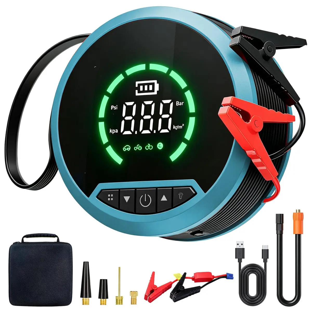 Compressor de ar Portatil Automotivo, Auxiliar De Partida e Calibrador de Pneu 2 em 1, PowerBank 10000mAh, Lanterna LED e Vários para Carros, Motos e Bicicletas