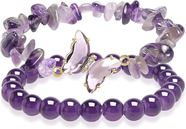 Conjunto Pulseiras Femininas Ametista com Borboleta - Equilíbrio, Serenidade e Harmonização