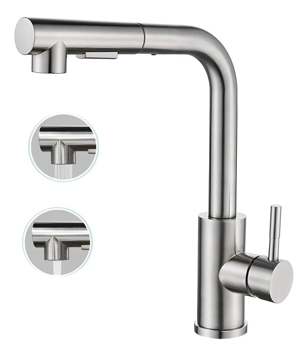 Torneira de Cozinha com Bico Retrátil em Níquel Escovado Prata | Bico Retrátil com Alavanca Única e Rotação Prática; Aço Inoxidável, Design Clássico e Instalação