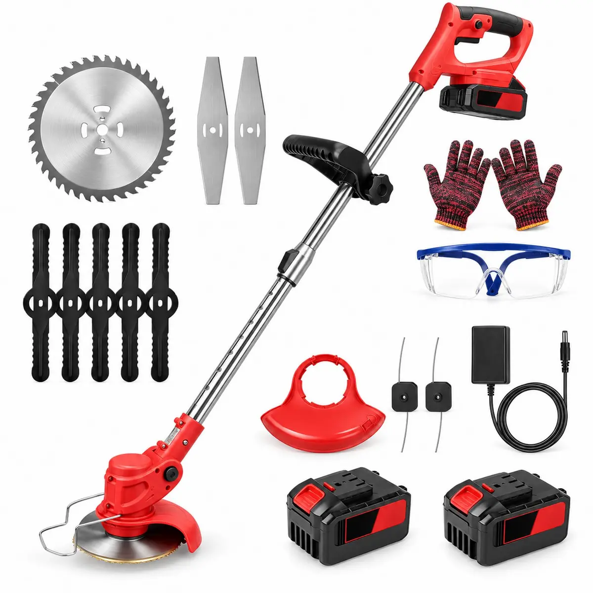 Aparador de Grama 48V e Roçadeira sem Fio, 2 Baterias e Lâminas | 48V, 20.000 RPM, 2 baterias para até 90 min e corte 3 em 1 com nylon, metal e disco de serra.