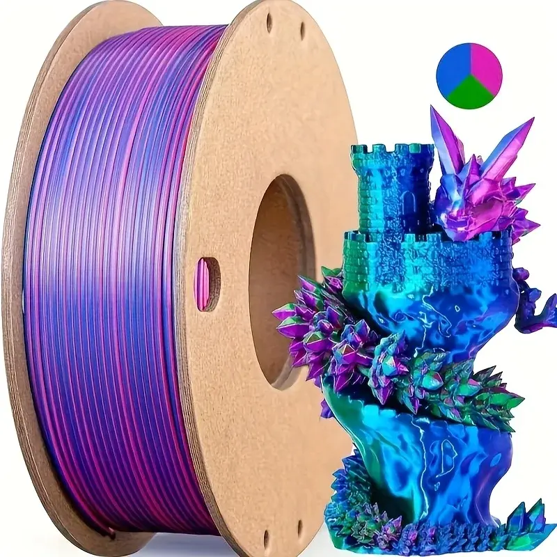 Filamento de Seda PLA Tricolor 250g por Rolo (Peso Líquido), Adequado para Impressoras 3D FDM, Material de Impressão 3D PLA Seda 1.75mm.